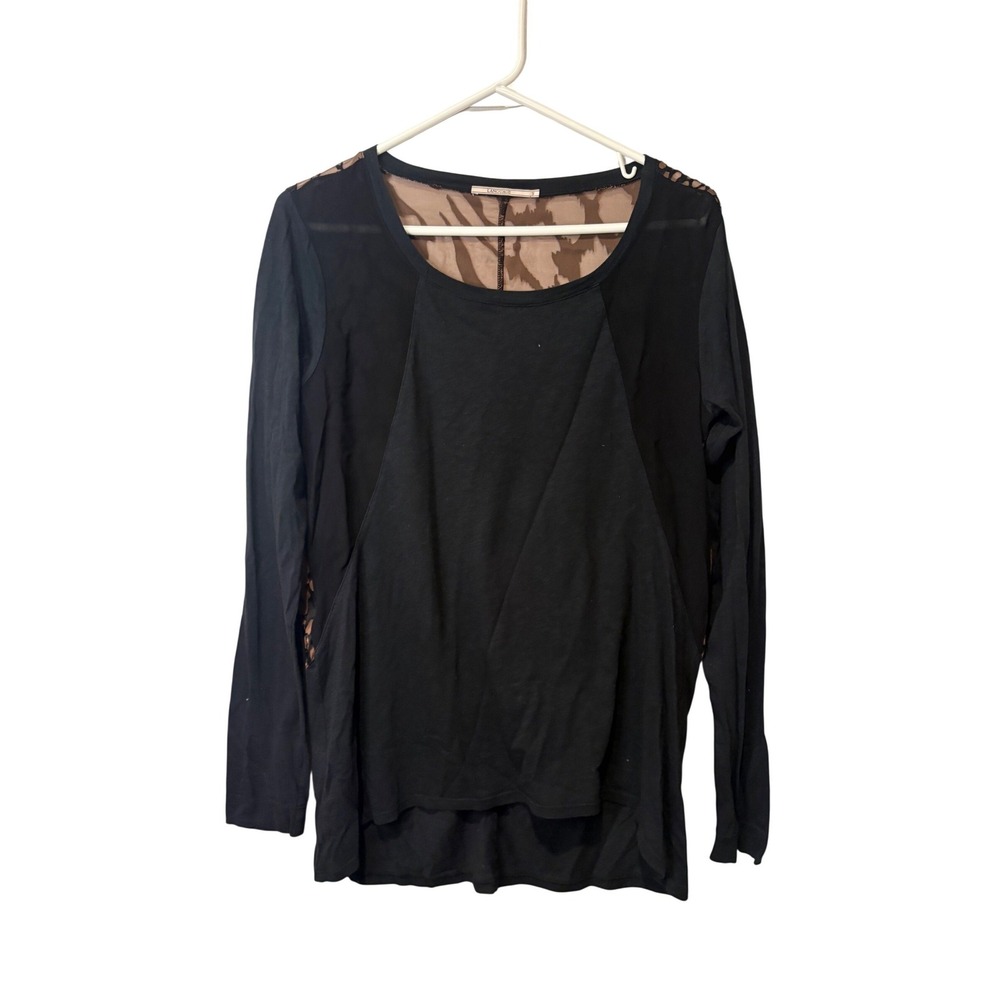 Language‎ Womens Small Black Animal Print Sheer Back Long Sleeve Top USA Made